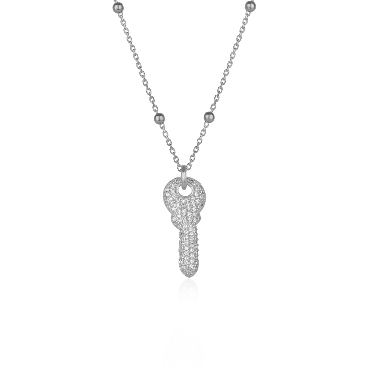 Key Pendant Necklace With Beaded Chain Sterling Silver