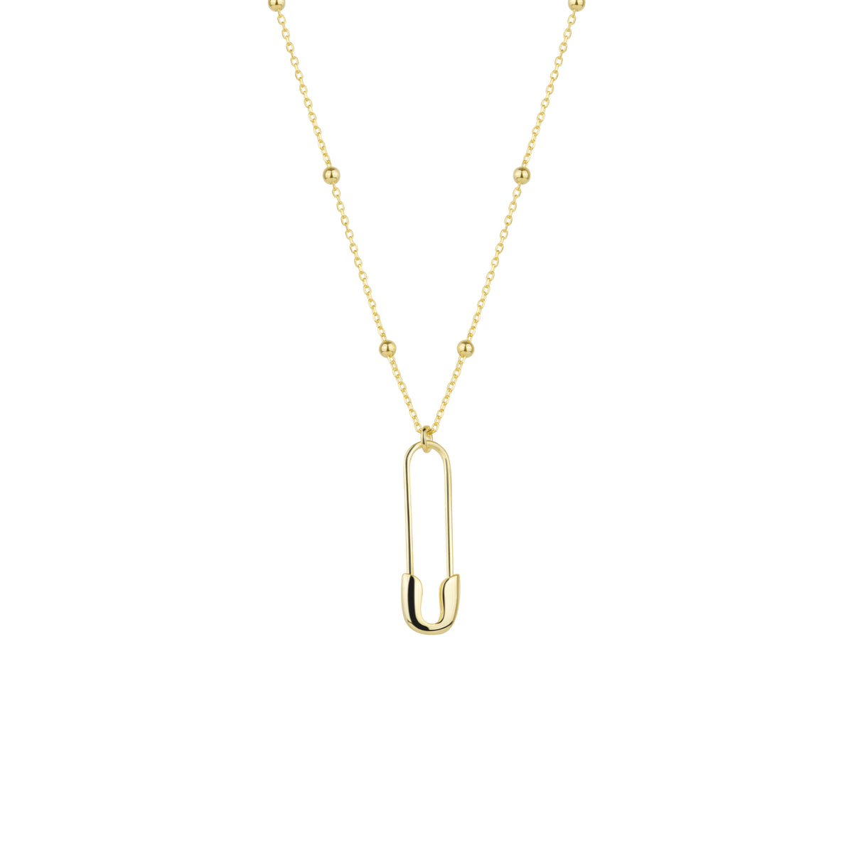 Sterling Silver Safety Pin Necklace With Beaded Satellite Chain