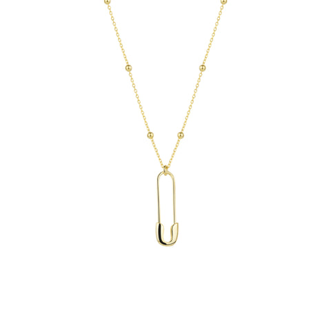 Sterling Silver Safety Pin Necklace With Beaded Satellite Chain