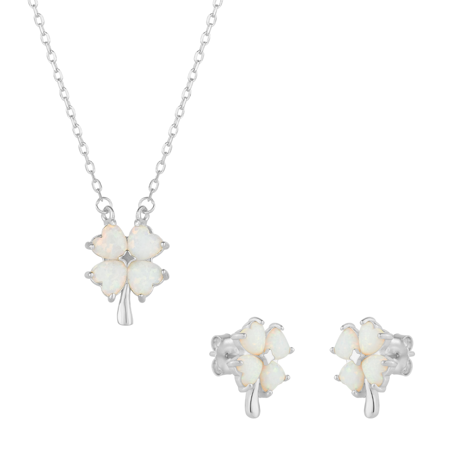 White Opal Four Leaf Clover Sterling Silver Necklace & Earring Set
