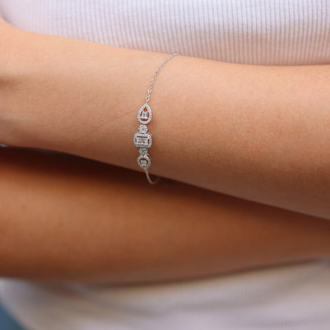 Elegant Sterling Silver Bracelet with Emerald-Cut & Teardrop Gemstones