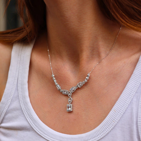 Elegant Y Sterling Silver Necklace with Emerald-Cut & Teardrop Gemstones