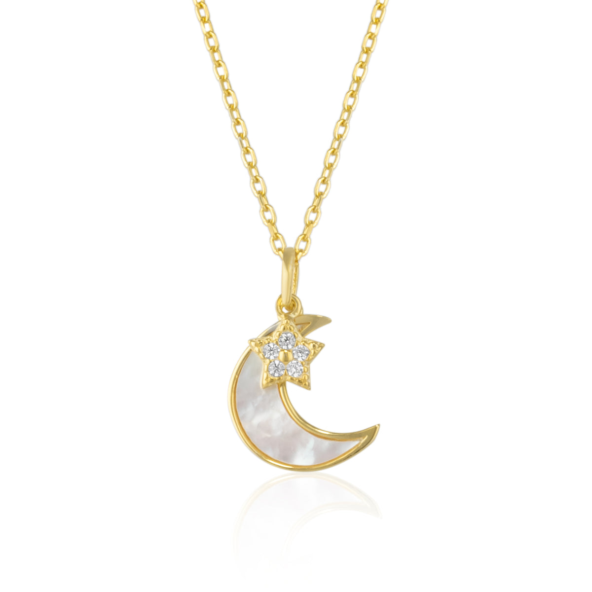 Sterling Silver Mother of Pearl Moon and Star Pendant Necklace