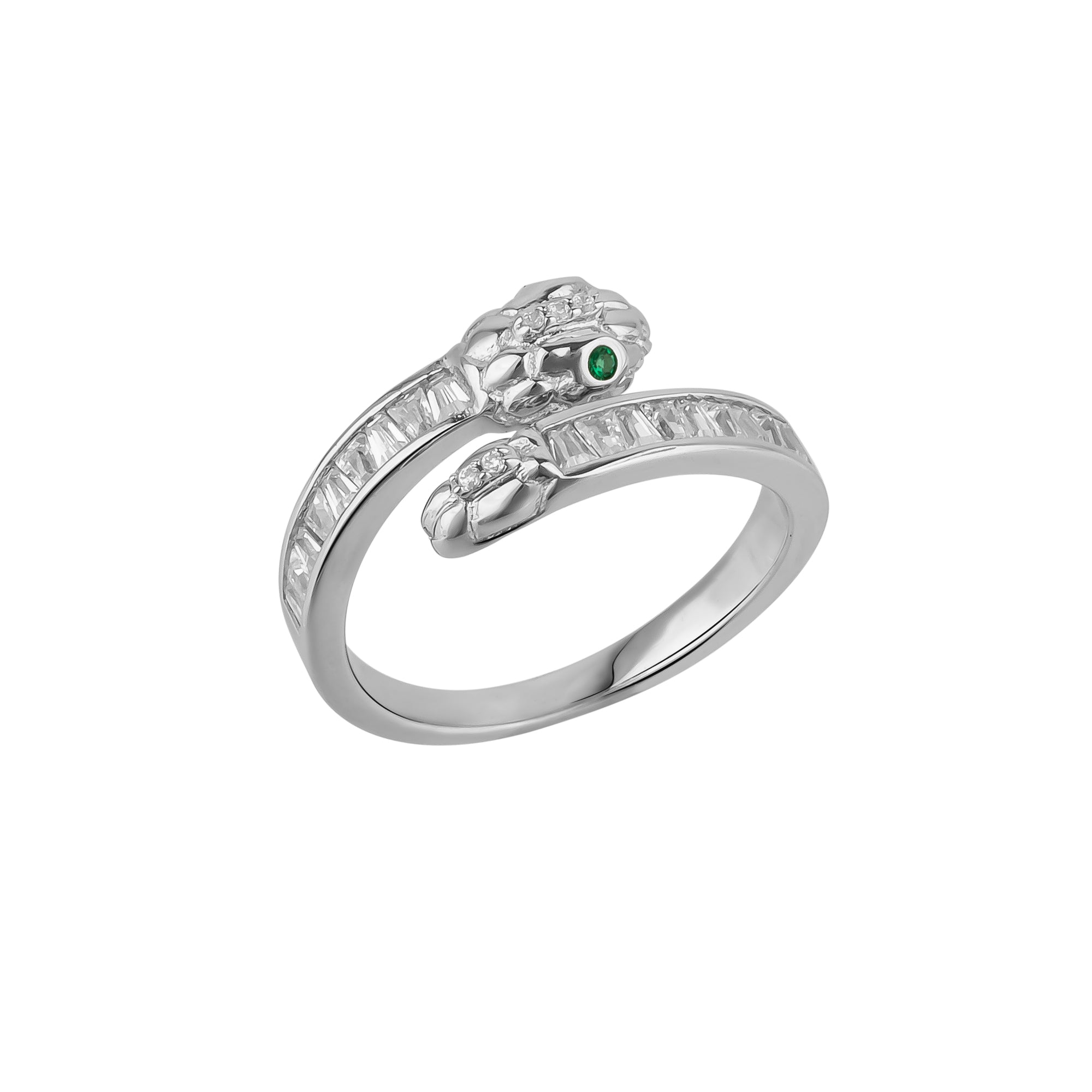 Baguette Snake Ring With Green Eyes in Sterling Silver