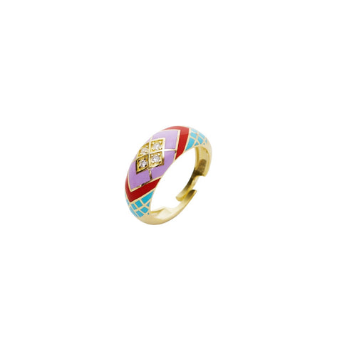 Enamel Purple Five Color Diamond Sterling Silver Dome Ring