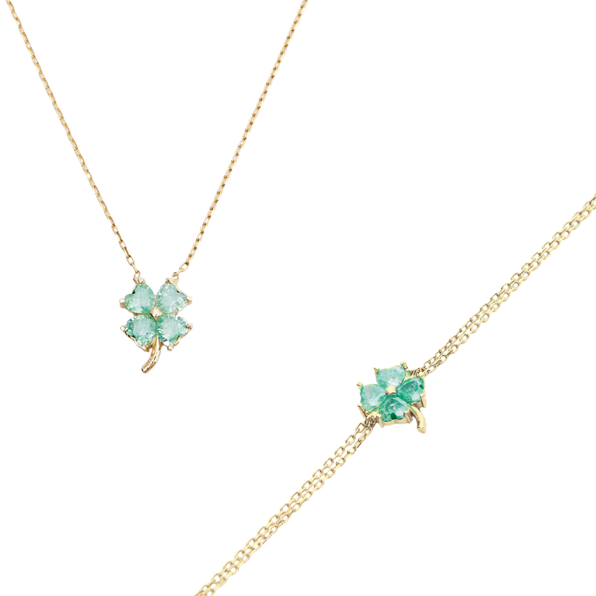Four Leaves Clover Sterling Silver Bracelet and Necklace Set in Green