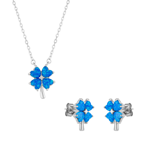 Blue Opal Four Leaf Clover Sterling Silver Necklace & Earring Set