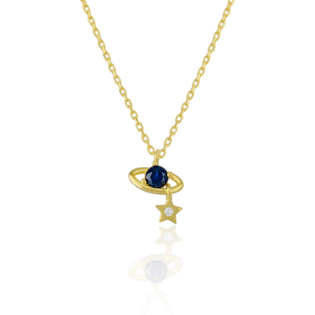 Dark Blue Saturn Necklace With Star Sterling Silver