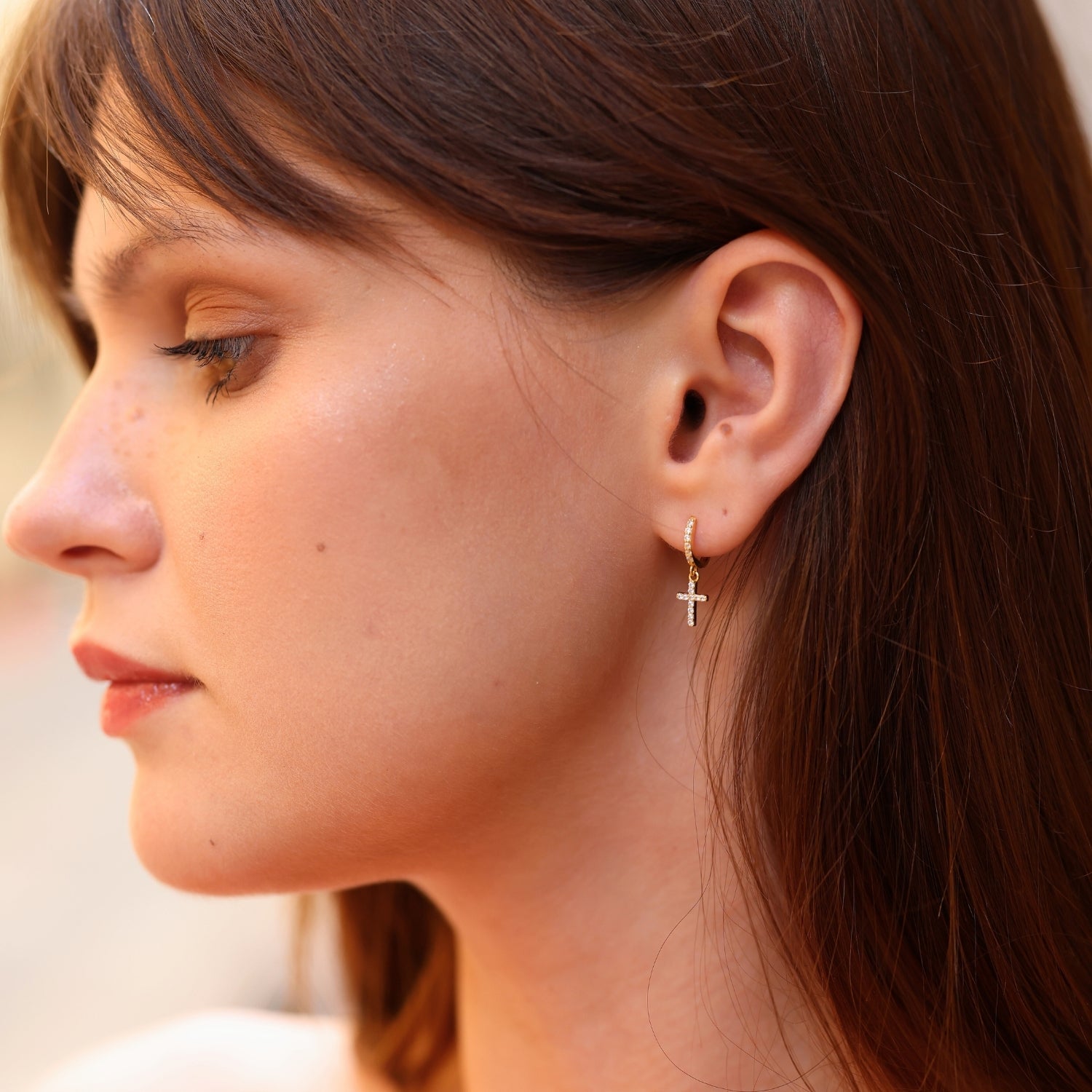 Sterling Silver Huggie Pave Cross Drop Earring