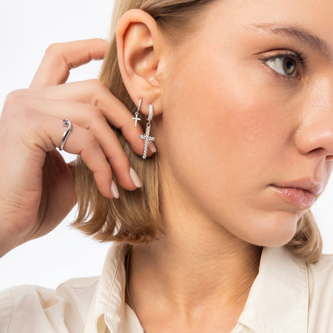 Full Pave Cross Drop Hoop Earring