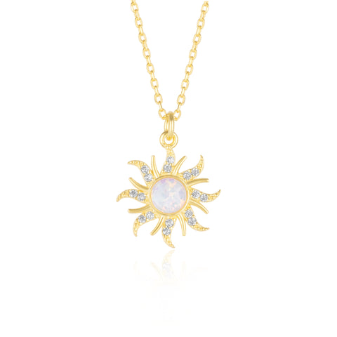 White Opal Sun & Sunburst Necklace in Sterling Silver