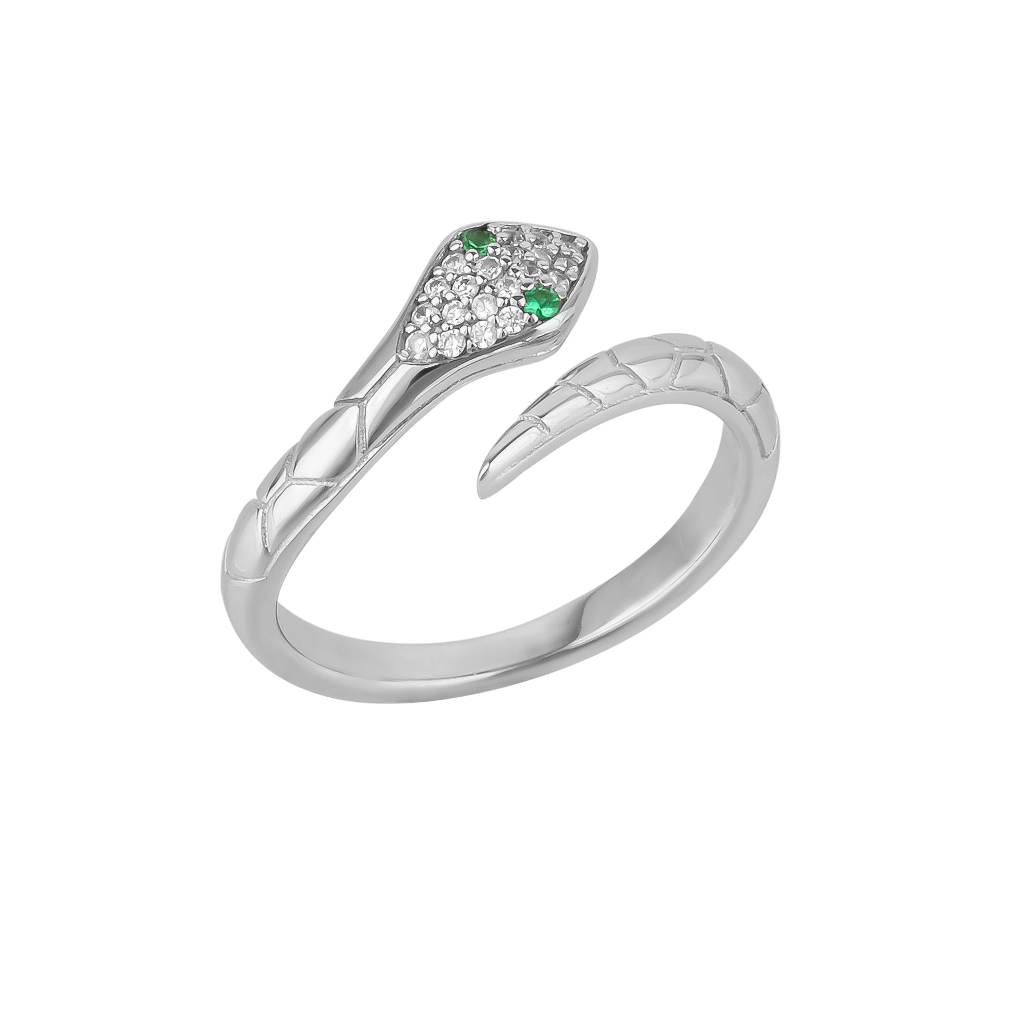 Pave Snake Ring With Green Eyes in Sterling Silver