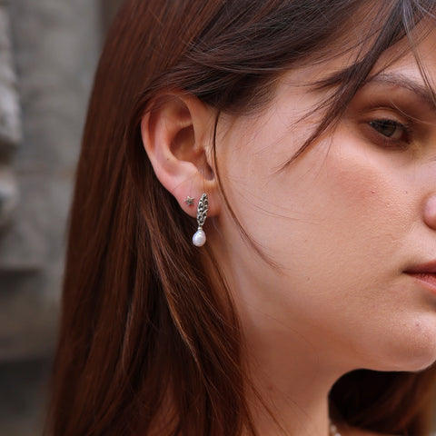 Drop Baroque Pearl Natural Textured Sterling Silver Authentic Earrings