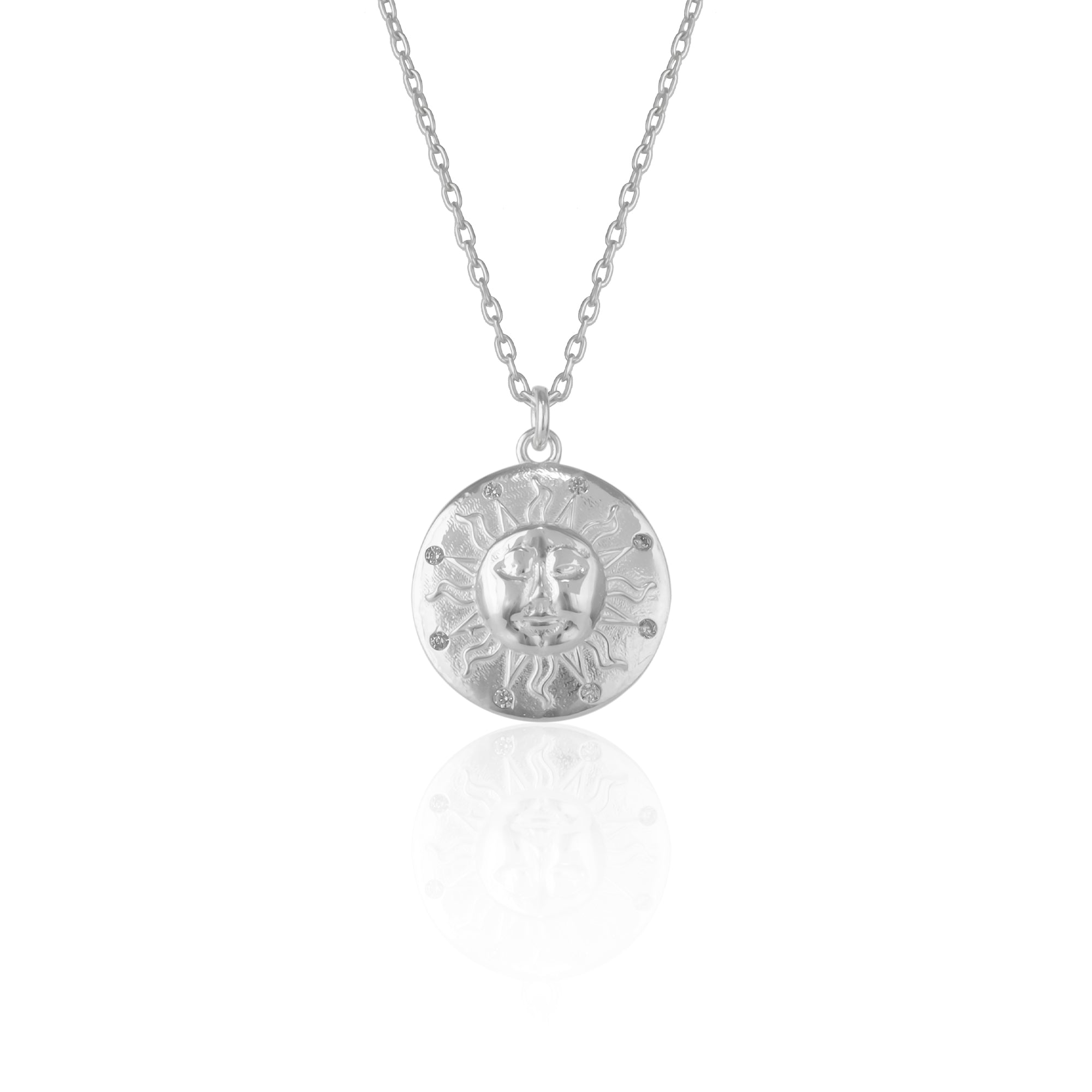 Sun Silhouette Face Embossed Sterling Silver Medal Necklace