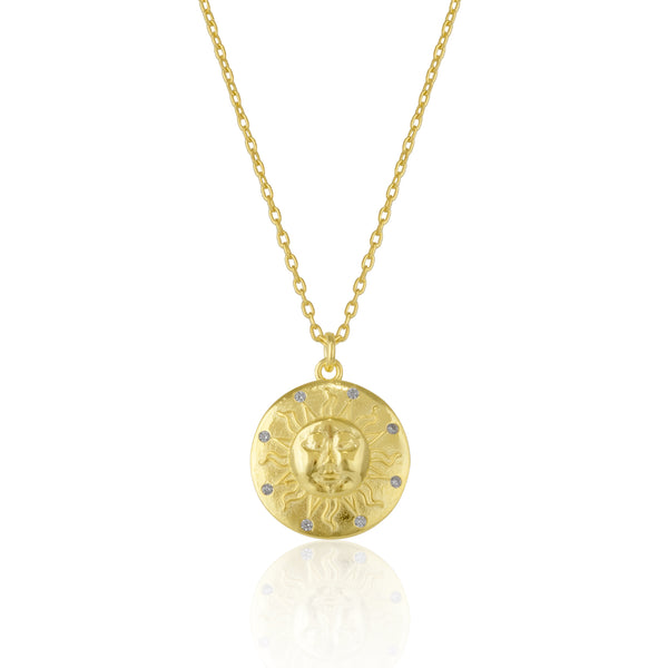 Sun Silhouette Face Embossed Sterling Medal Necklace