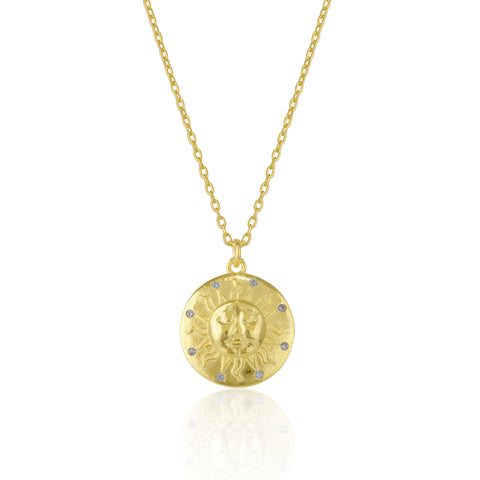 Sun Silhouette Face Embossed Sterling Silver Medal Necklace