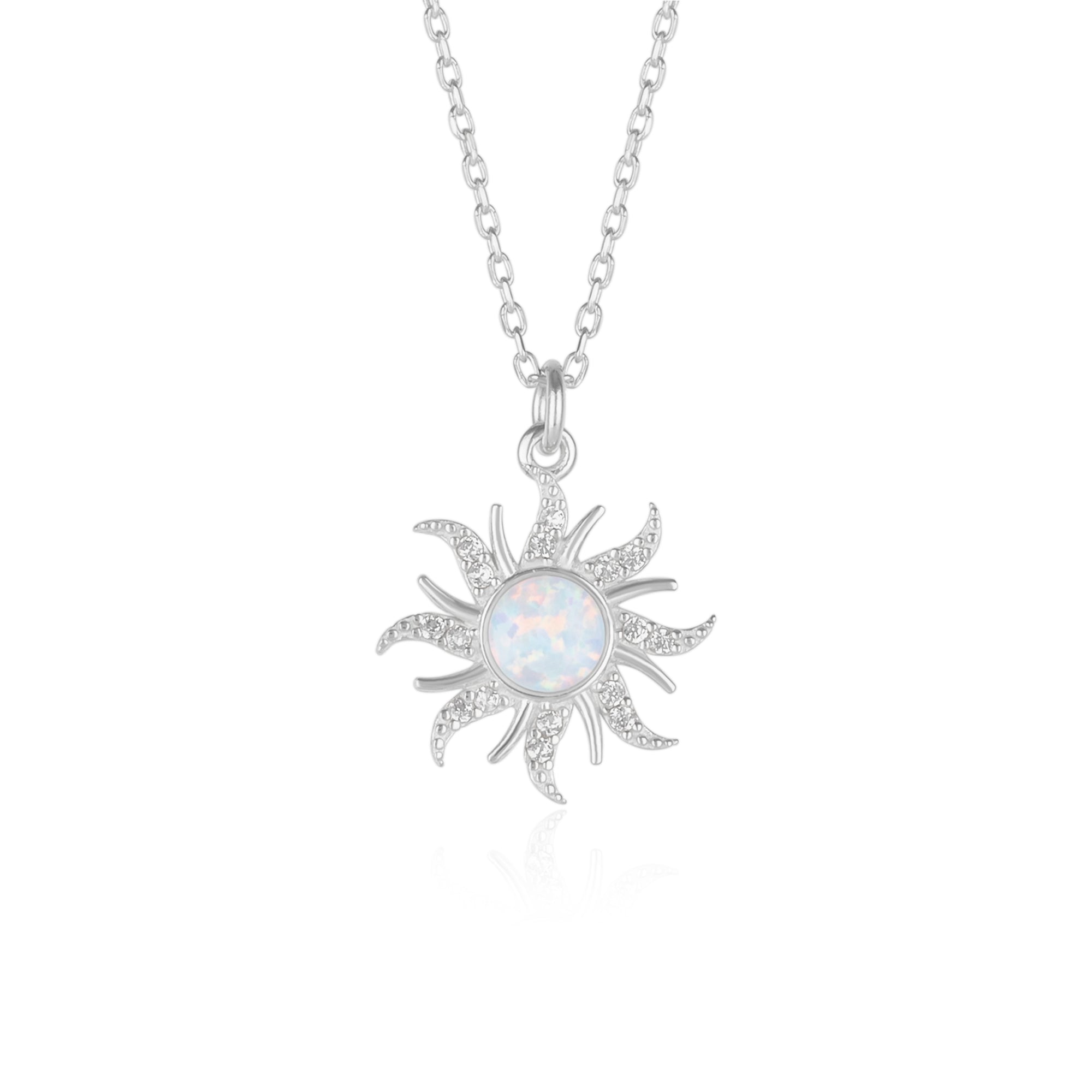 White Opal Sun & Sunburst Necklace in Sterling Silver