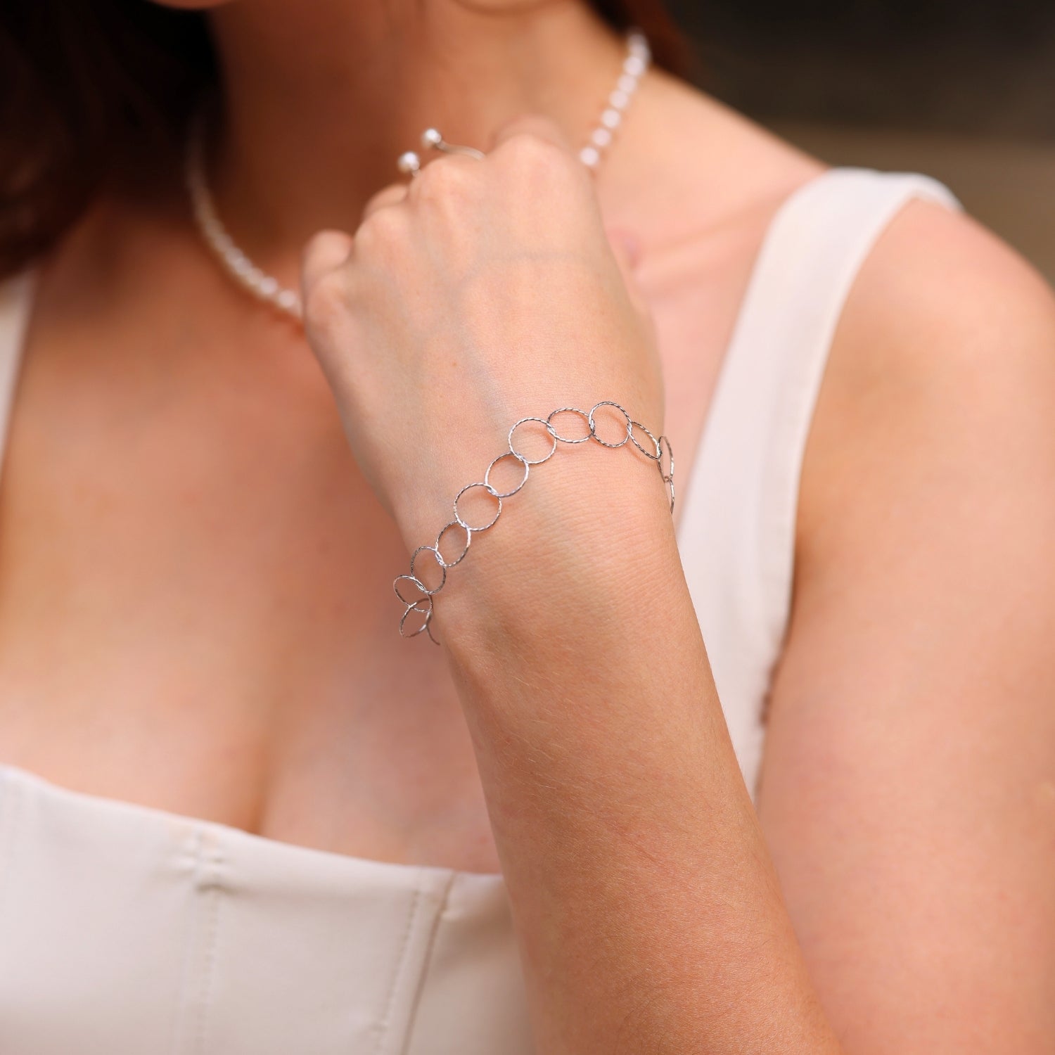 Textured Circle Hoops Sterling Silver Chain Bracelet