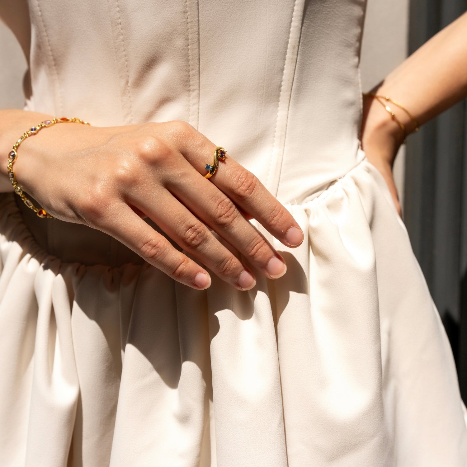 Bended Sterling Silver Double Gemstone Ring