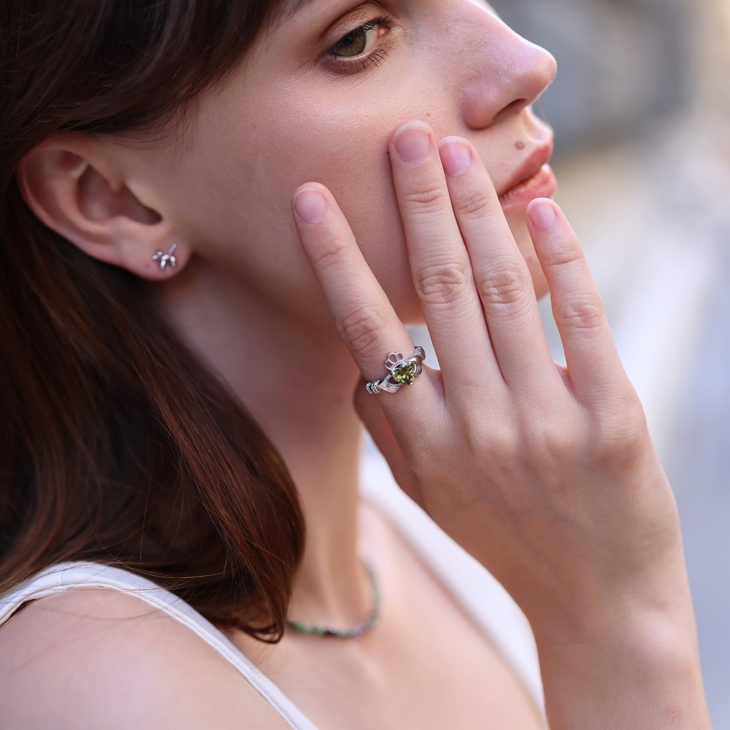 Sterling Silver Irish Mystic Green Claddagh Ring