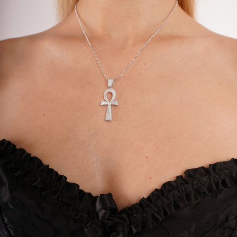 Sterling Silver Large Pave Ankh Pendant Necklace