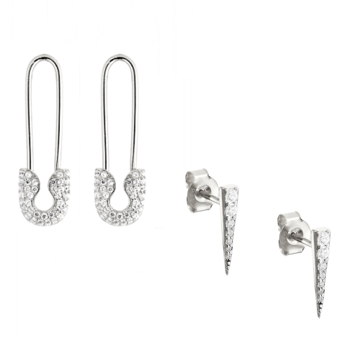 Long Pave Dagger Stud and Pave Safety Pin Earring Set