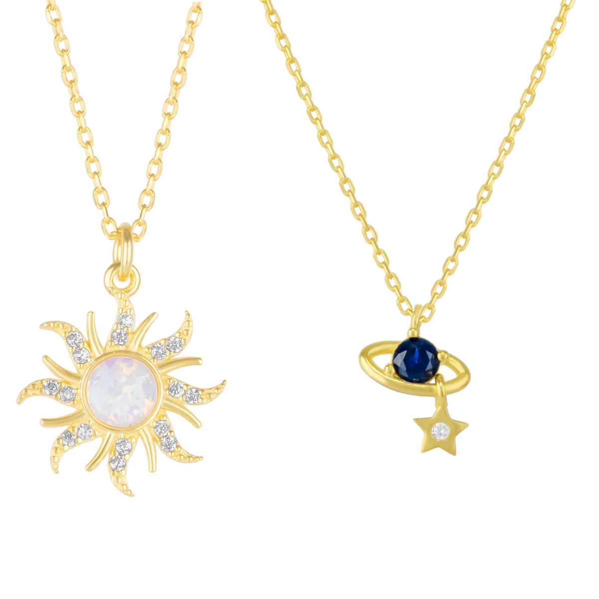 White Opal Sun & Sunburst and Saturn Necklace Layering Set in Sterling Silver