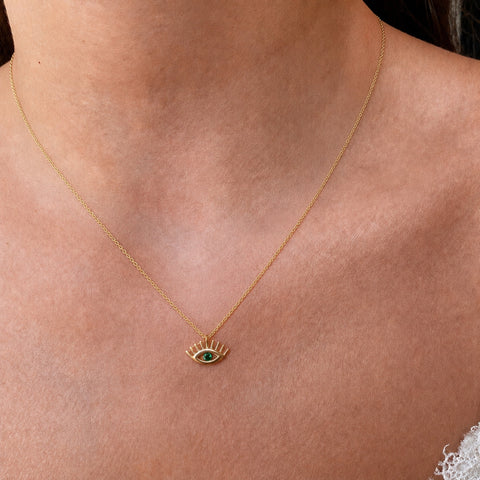 Emerald Eye Evil Eye Sterling Silver Necklace and Stud Earring Set