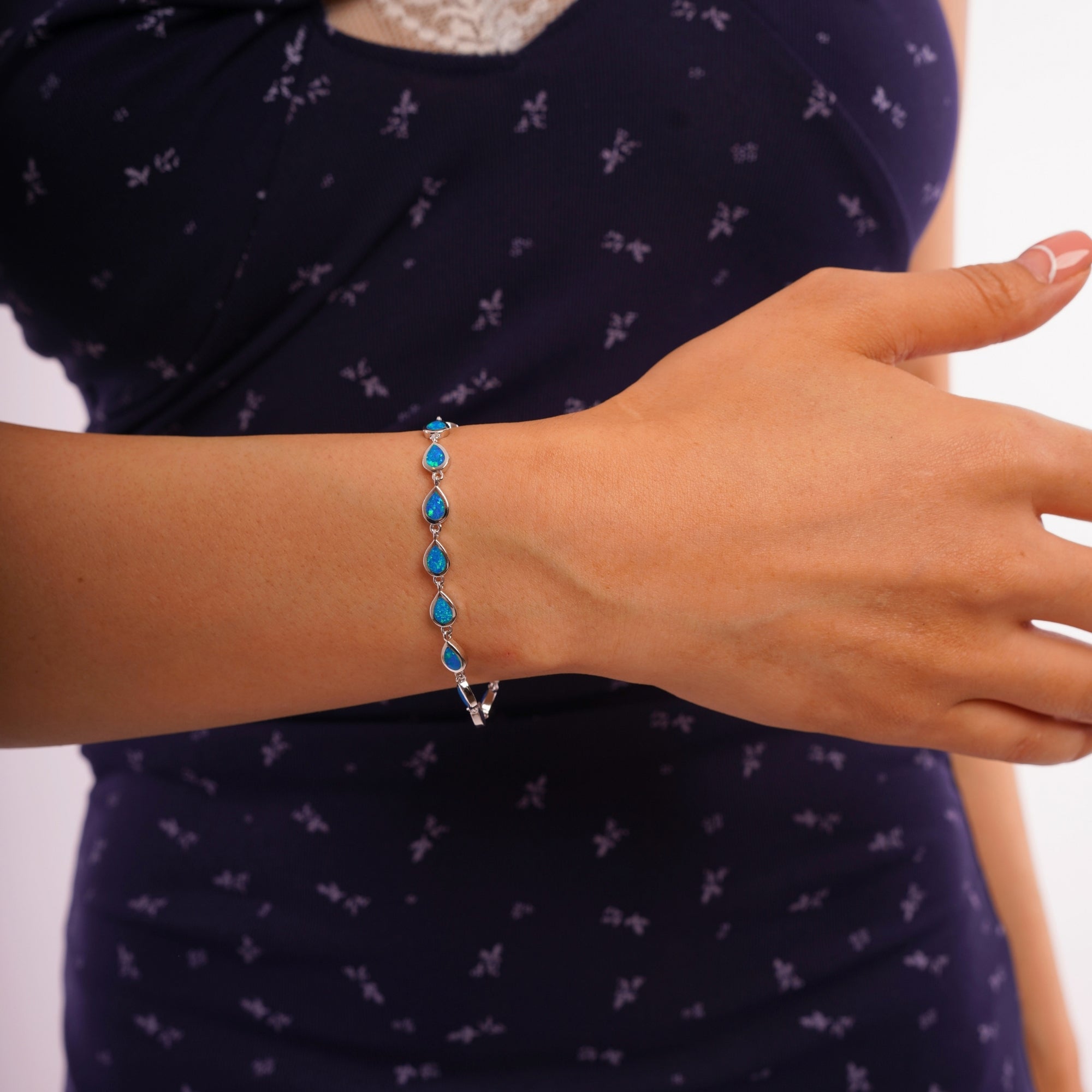 Pacific Blue Teardrop Opal Sterling Silver Bracelet