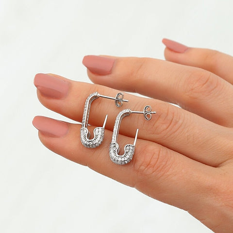 Pave Safety Pin Earrings Sterling Silver