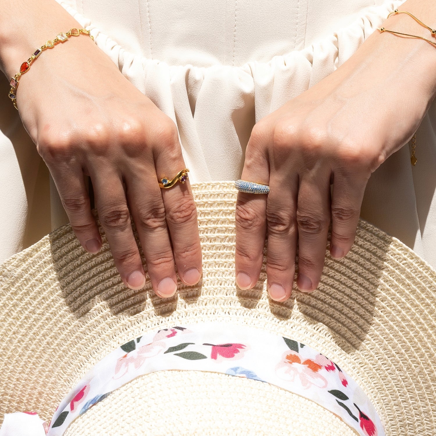 Bended Sterling Silver Double Gemstone Ring