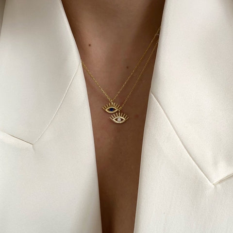 White Eye Evil Eye Sterling Silver Necklace and Studs Set