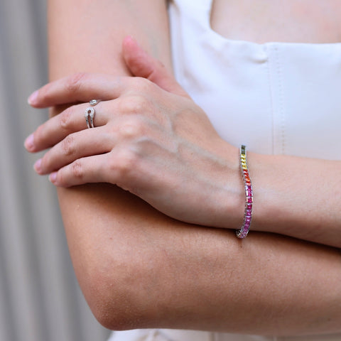 Sterling Silver Square Rectangular Rainbow Tennis Bracelet