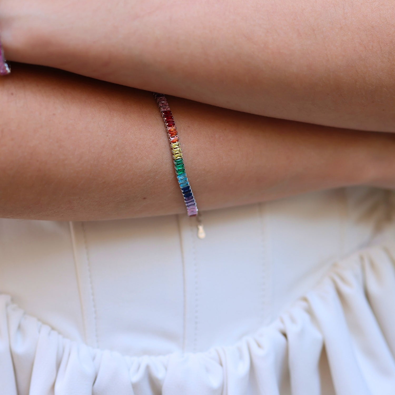 Sterling Silver Rainbow Baguette Tennis Bracelet