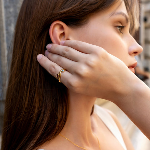 Bended Sterling Silver Double Gemstone Ring