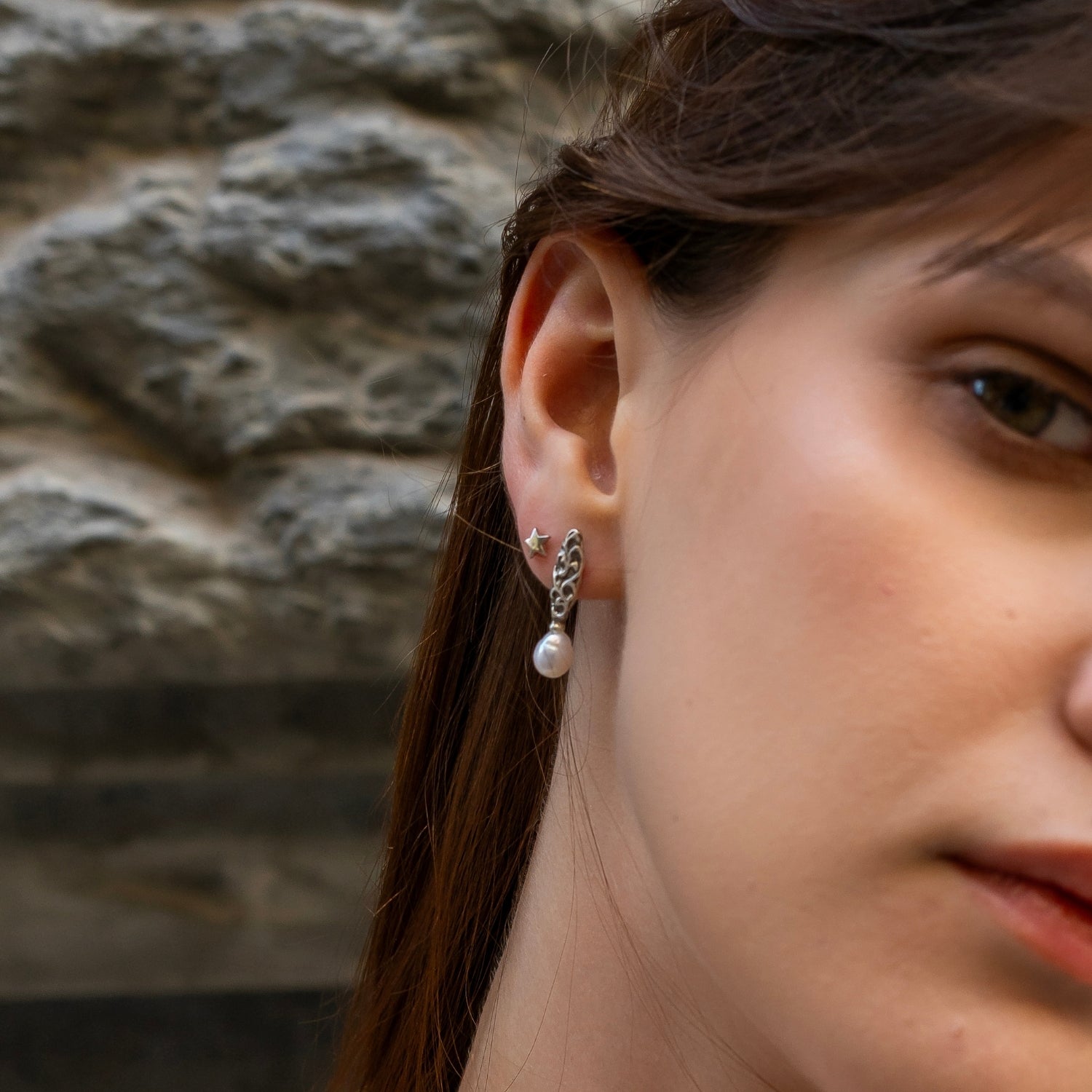 Drop Baroque Pearl Natural Textured Sterling Silver Authentic Earrings