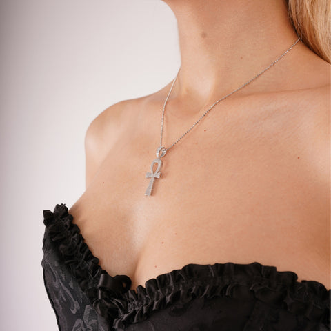 Sterling Silver Large Pave Ankh Pendant Necklace