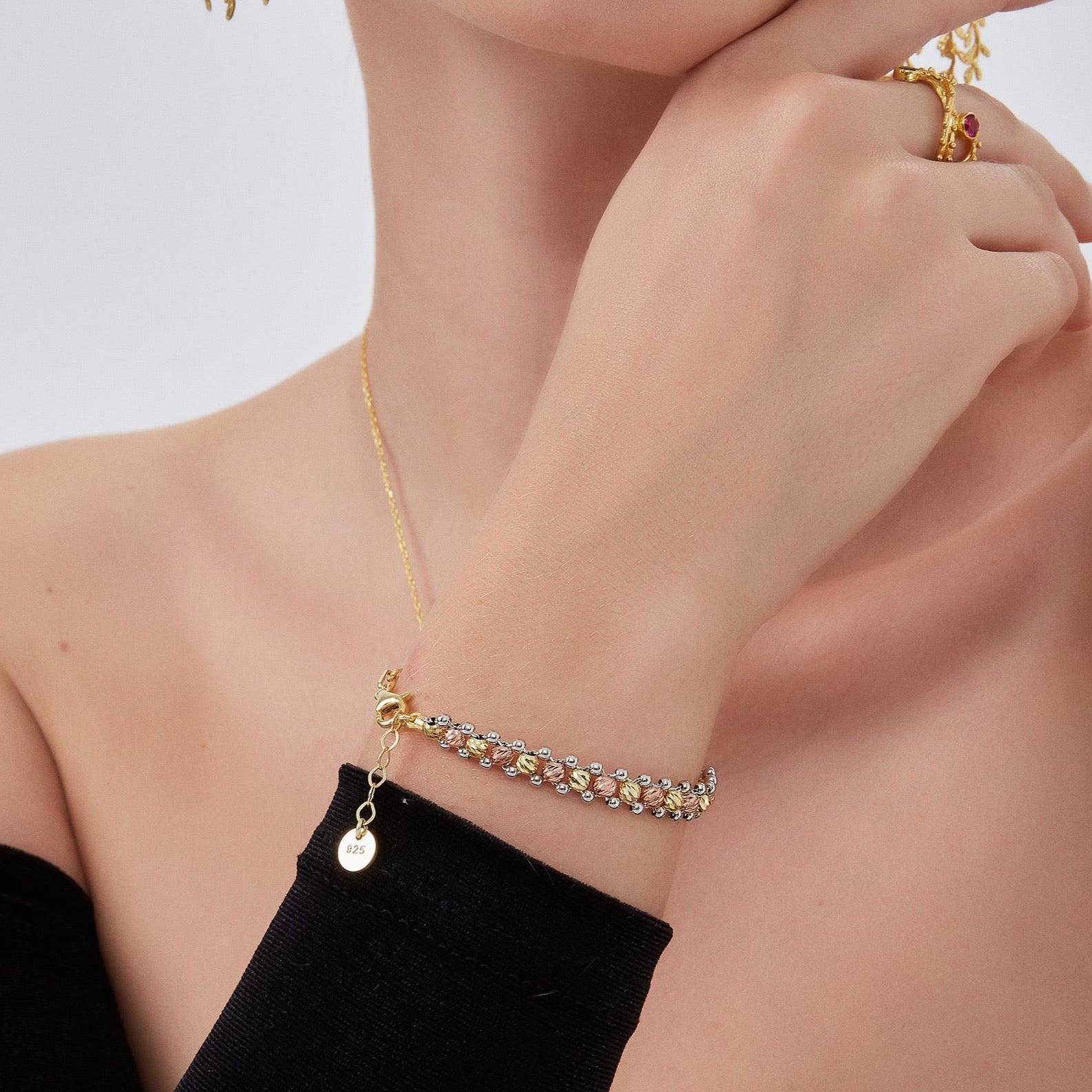 Dorissa Multi Bead Semi Chain Sterling Silver Bracelet
