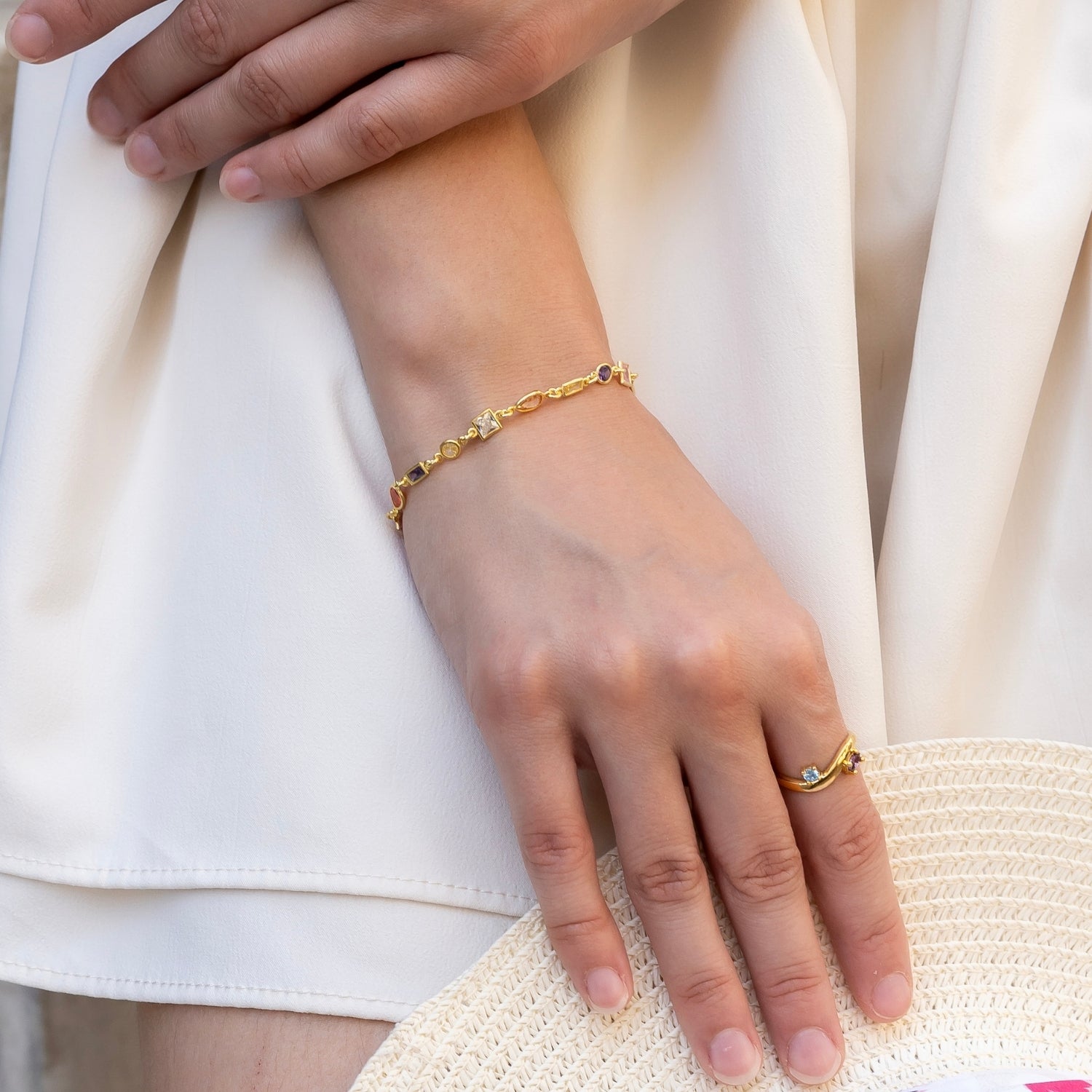 Bended Sterling Silver Double Gemstone Ring