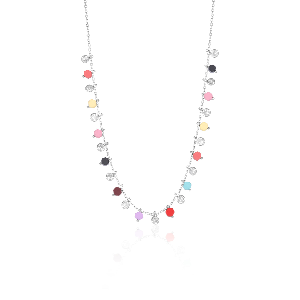 Sterling Silver Colorfull Rainbow Hexagon Sterling Silver Necklace