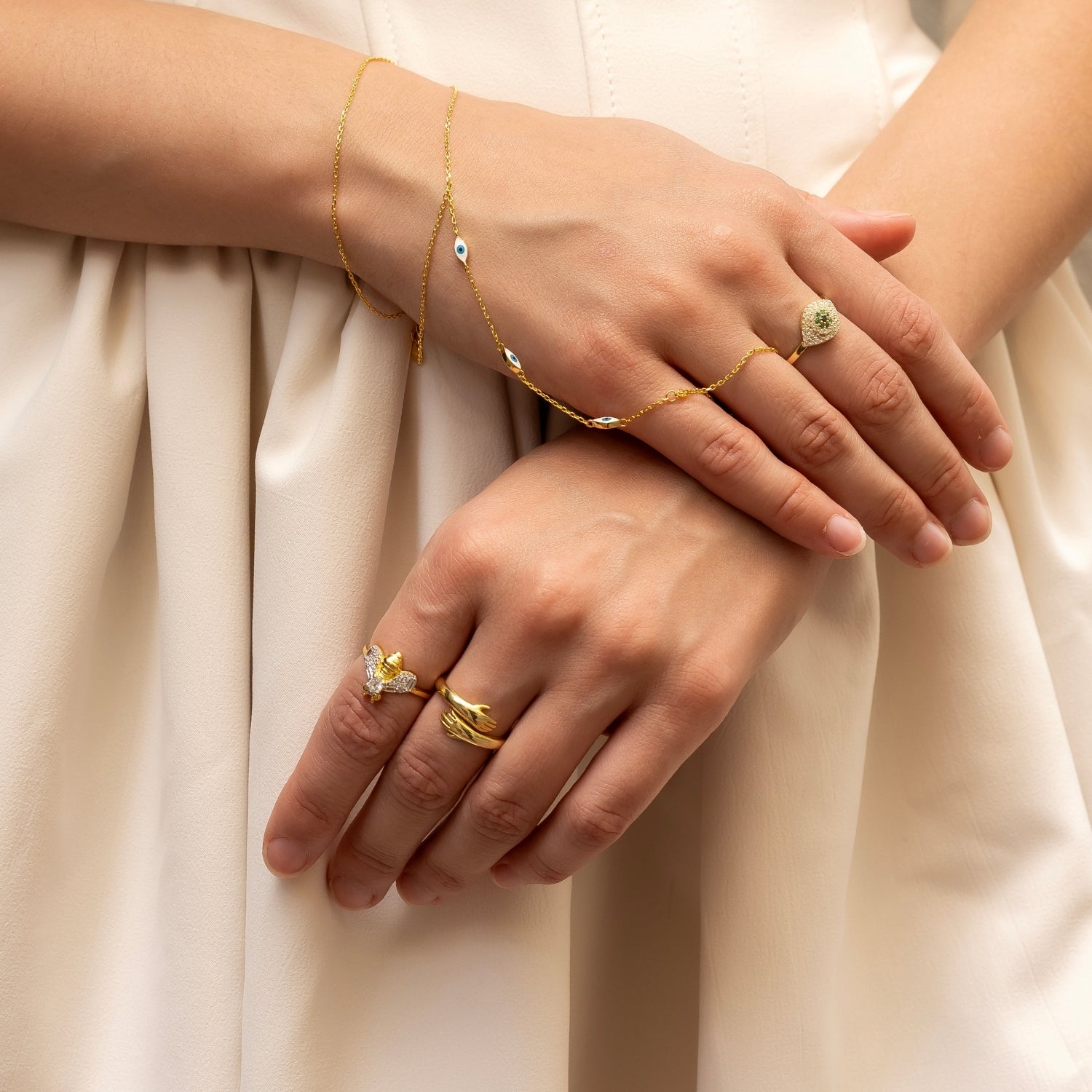 Hug Ring With Hands Sterling Silver and Gold Plated