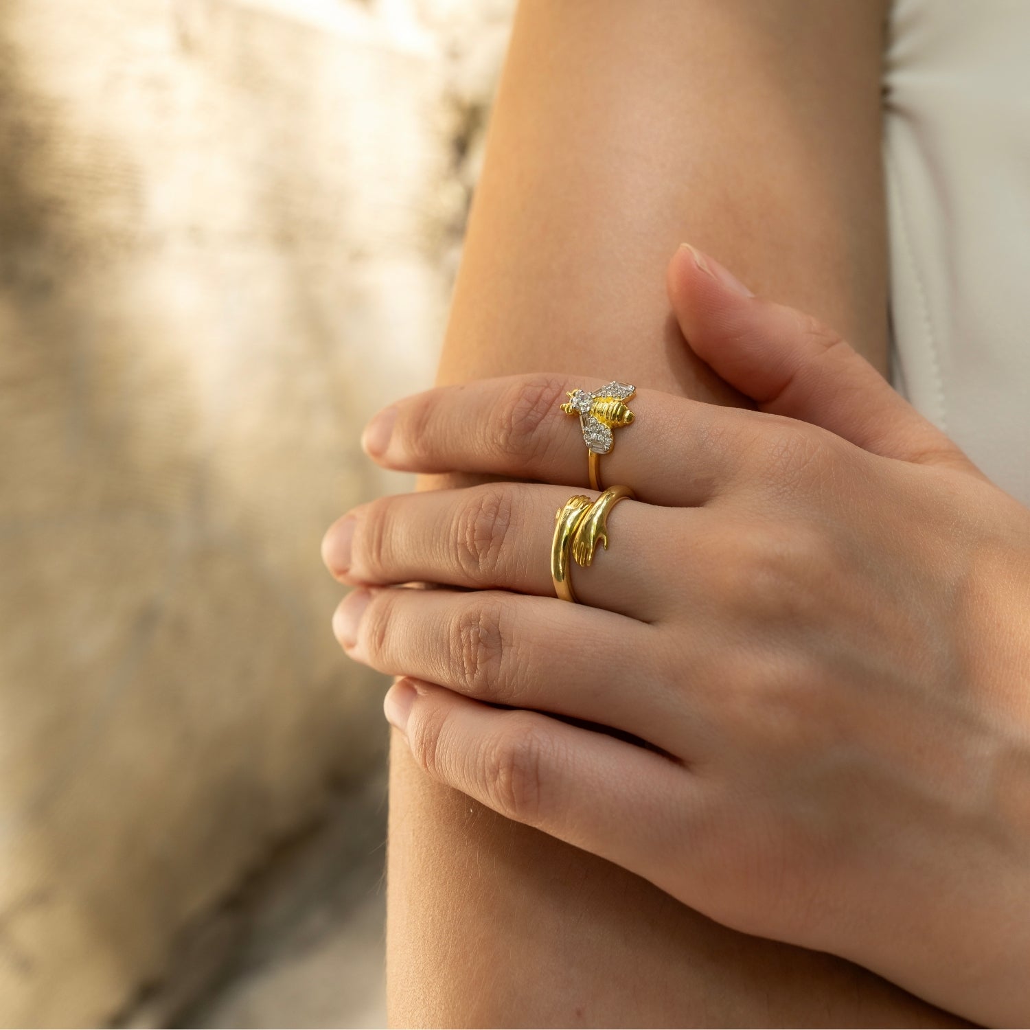 Hug Ring With Hands Sterling Silver and Gold Plated