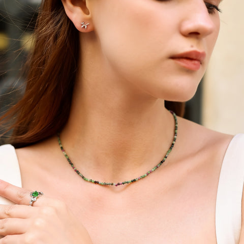 Fine Red Green Tourmaline Sterling Silver Necklace