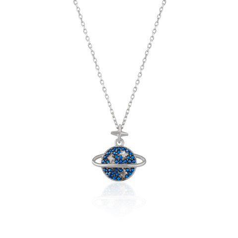 Blue Jewelled Saturn Necklace Sterling Silver