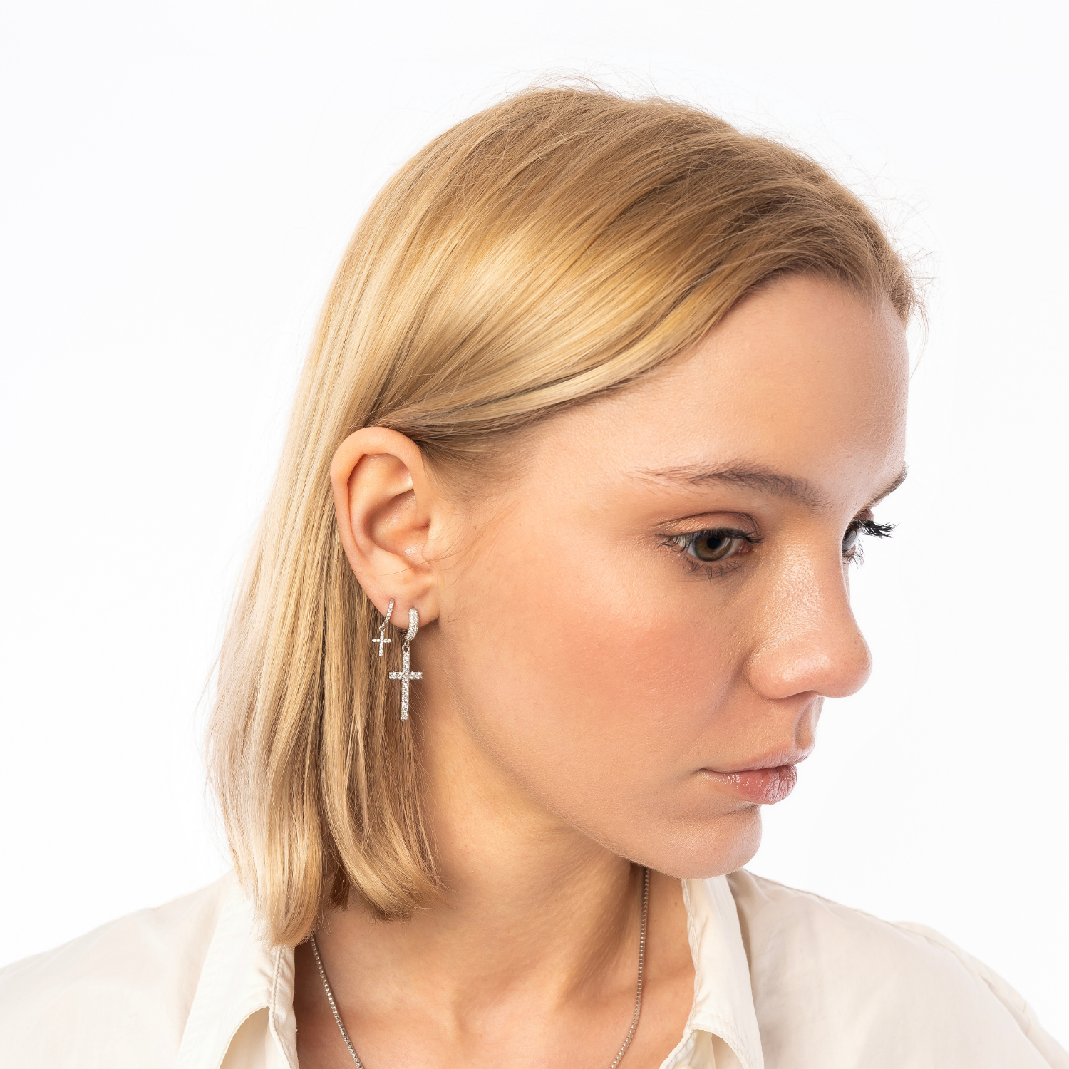 Full Pave Cross Drop Hoop Earring