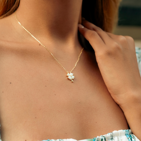 White Opal Four Leaf Clover Sterling Silver Necklace & Earring Set