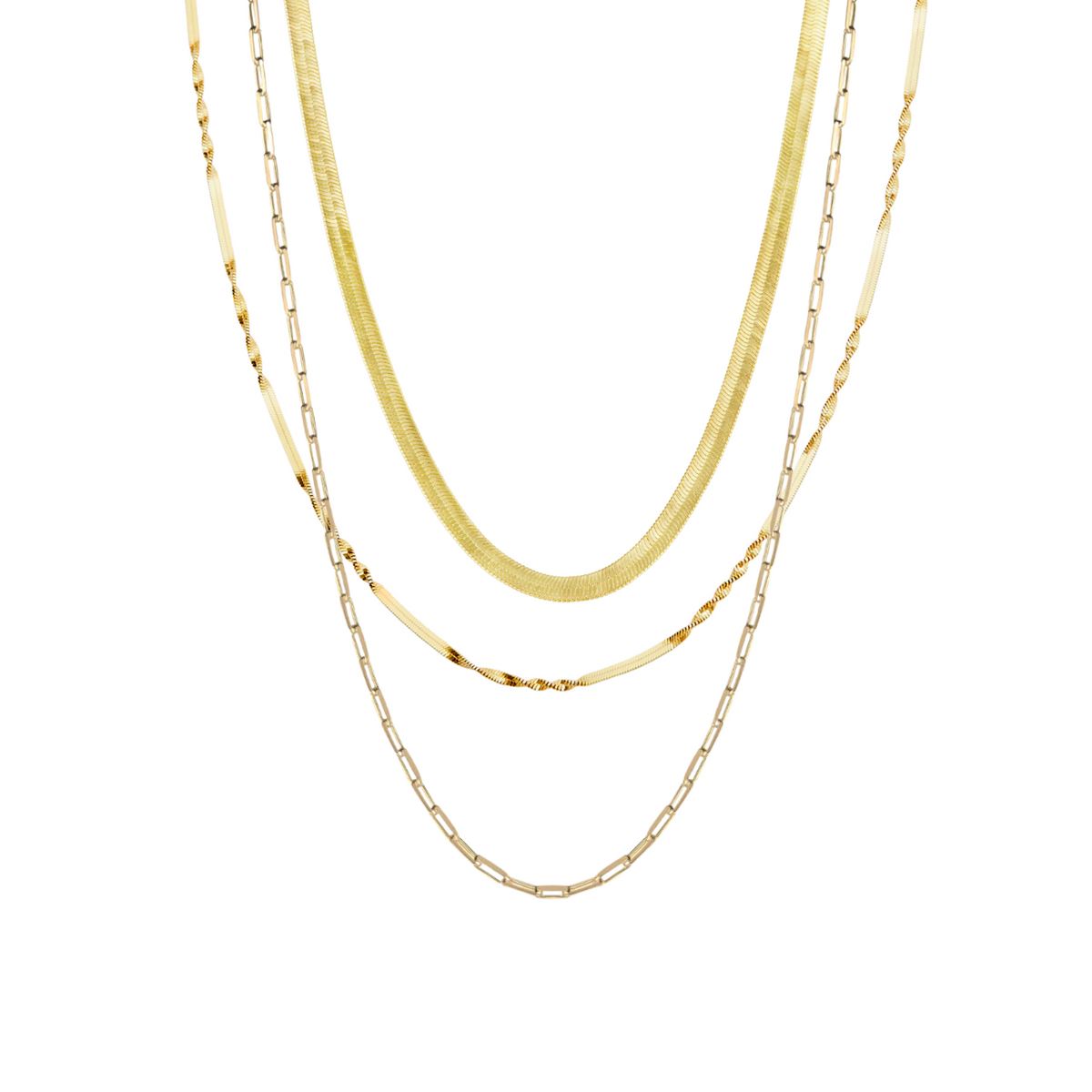 Herringbone Semi Twisted and Paperclip Chain Sterling Silver Layering Necklace Set