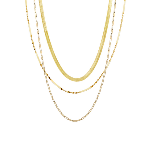 Herringbone Semi Twisted and Paperclip Chain Sterling Silver Layering Necklace Set