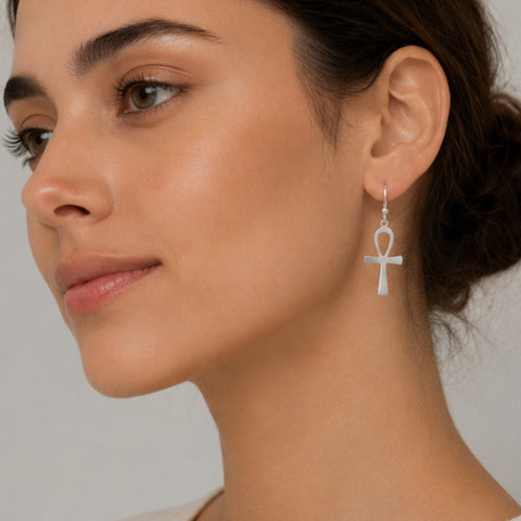 Sterling Silver Egyptian Ankh Drop Earrings