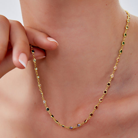 Colourful Rainbow Jewelled Sterling Silver Chain Necklace and Bracelet Set